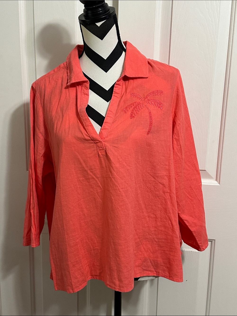 Calypso St. Barth Coral V-Neck Palm Embroidered Tunic